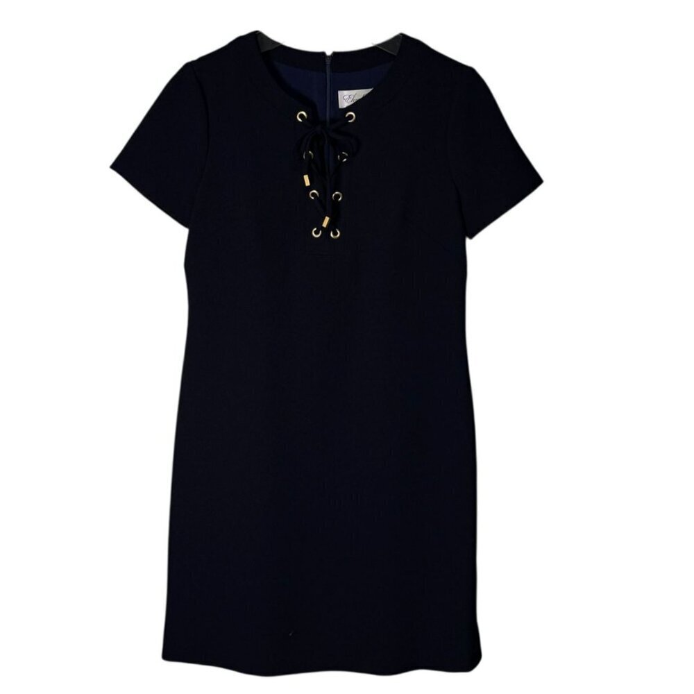 Eliza J Navy Lace-Up Neckline Sheath Dress Lined Side Slits Size-12